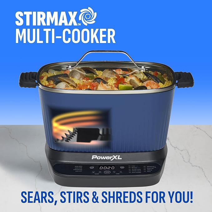 STIRMAX™ Midnight Blue 7.5 Quart Digital Multi-Cooker with Automatic Paddle to Stir and Shred, 9 in 1 programmable presets to Sauté, Sear, and Brown Food Before Simmering