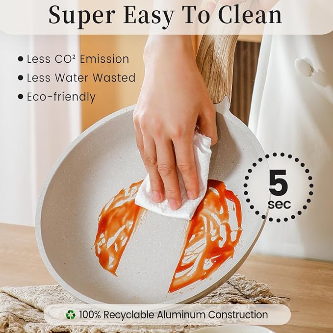 Pots and Pans Set, White Nonstick Induction Cookware Sets with Stay-Cool Handles, Kitchen Pan Sets for Cooking with Saucepan & Frying Pans & Crepe Pan, PFOS and PFOA Free