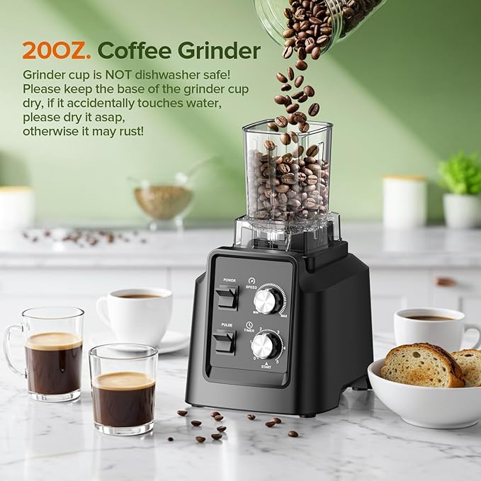 Blender for Smoothies, Blender with 68Oz. Pitcher & 20Oz. Grinder, 28000 RPM Blenders for Kitchen, Ice Crushing, Frozen Fruits, Blending, Black