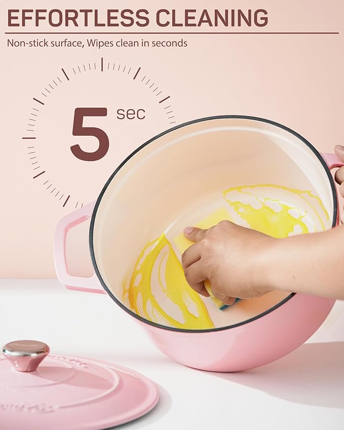 6 QT Dutch Oven Pot with Lid, Enameled Cast Iron Dutch Oven for Bread Making, Braiser, Cooking, Dual Handles, Oven Safe up to 500° F or on Stovetop, Gifts for Family - Pink