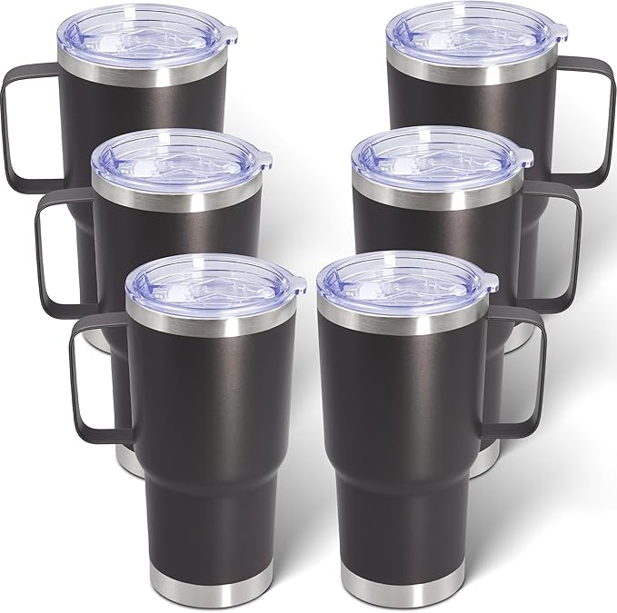 20 oz Tumbler with Handle and Lid, Stainless Steel Tumbler Insulated Travel Coffee Mug, Spill Proof Double Wall Vacuum Tumbler Cup Keep Drink Hot & Cold, Grey, 6 Pack