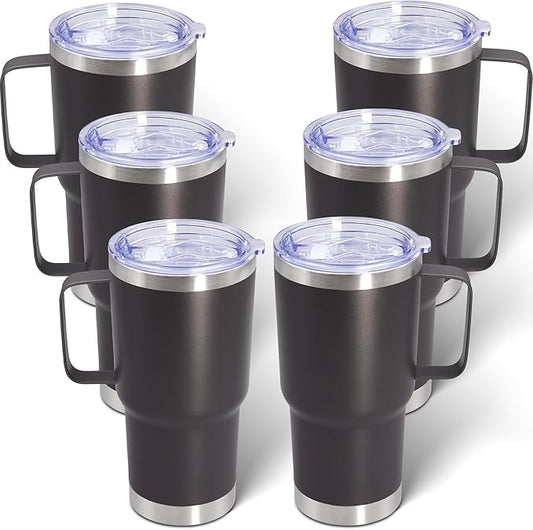 20 oz Tumbler with Handle and Lid, Stainless Steel Tumbler Insulated Travel Coffee Mug, Spill Proof Double Wall Vacuum Tumbler Cup Keep Drink Hot & Cold, Grey, 6 Pack