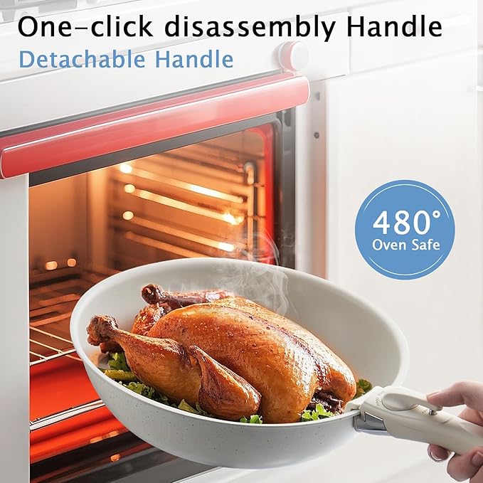 7Pcs Non Stick Pots and Pans Set, Ceramic Cookware Set with Detachable Handle, PFAS-Free, Oven & Induction Safe (White)