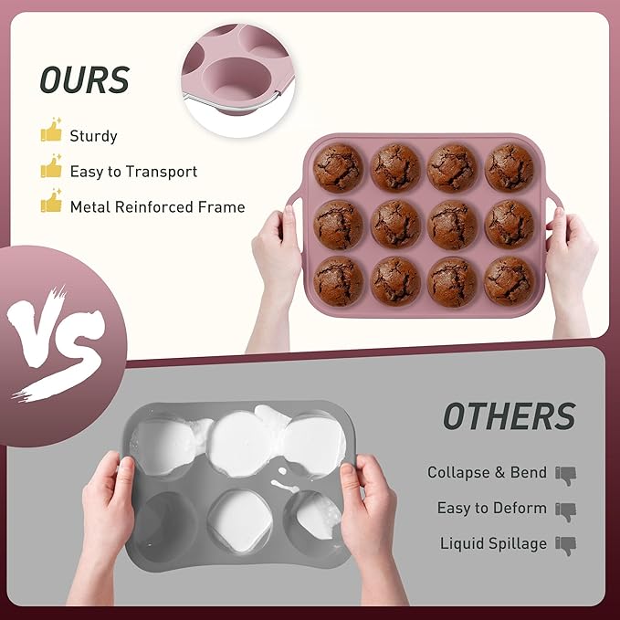 12 Cups Silicone Muffin Pan with Metal Reinforced Frame Regular Size Cupcake Pan Tray Egg Bites Silicone Cookie Molds Muffin Tin Best Baking Pans Tart Pan Sheet Set Reusable Cupcake Liners