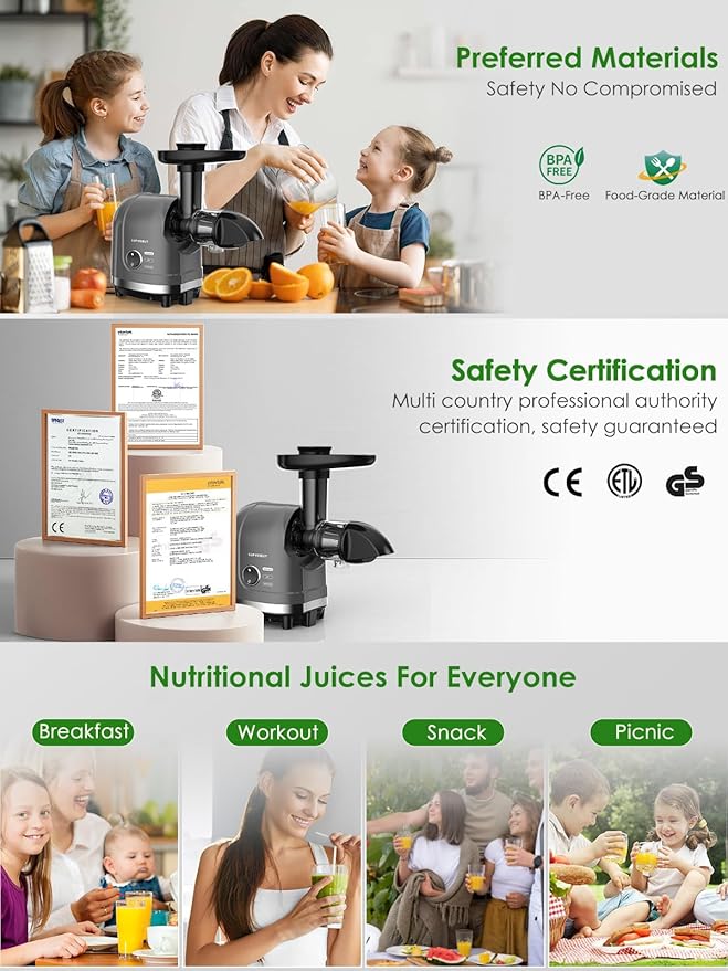 Slow Juicer for Celery Ginger Beet Carrot, Masticating Cold Press Juicer 200W Motor, Pulp Separated, East to Clean Dishwasher Safe, BPA Free, Juicer Machine Vegetable & Fruit