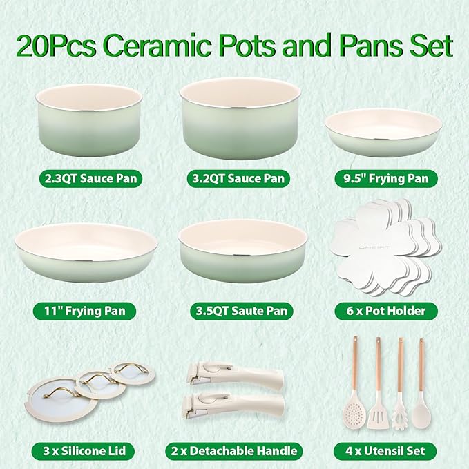 20pcs Ceramic Cookware Set Nonstick, Detachable Handle Pots and Pans Set, Non Toxic,No PFAS & PTFE & PFOA, Dishwasher/Oven Safe, RV Kitchen Set Removable Handle for Cooking, Green