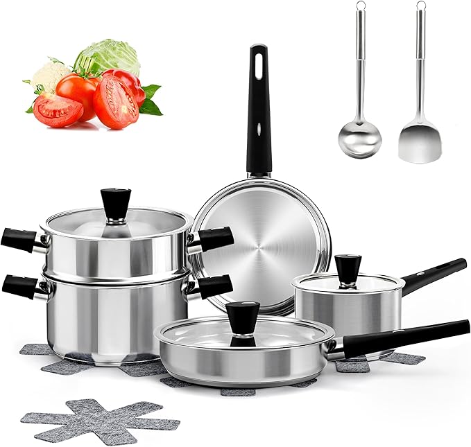 14-Piece Stainless Steel Pots and Pans Set, Cookware Set with Stay-Cool Handle, kitchen Cooking Pots and Pans Compatible with All Stovetops (Gas, Electric & Induction), Dishwasher Safe