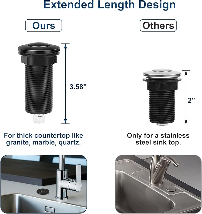 Dual Outlet Garbage Disposal Air Switch Kit, UL Listed Sink Top Air Switch for Food Waste Disposal, 3.58” Extra Long Air Button, Black Stainless Steel