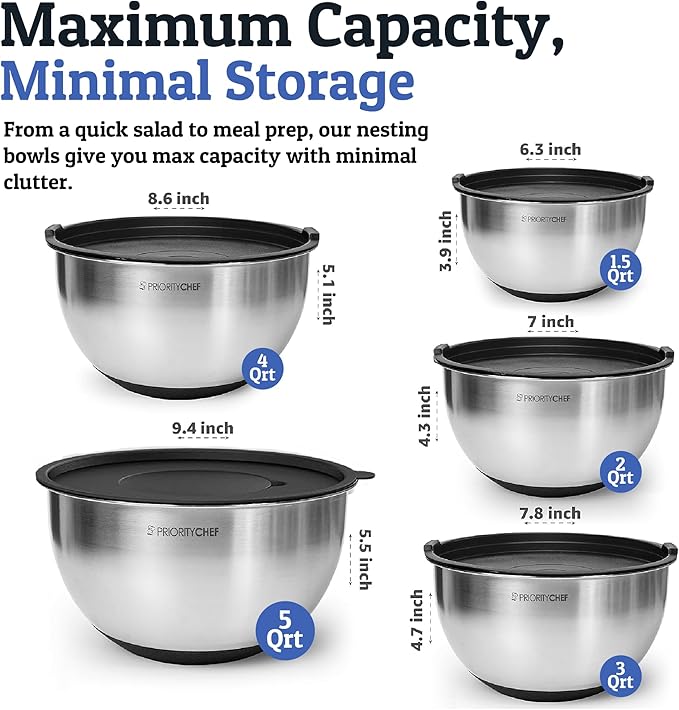 Priority Chef Stainless Steel Mixing Bowls with Lids Set, Metal Nesting Bowls with Airtight Lids, Graters, Non-Slip Base & Measurement Marks, Includes Utensil Set for Prep, Baking & Storage, Black