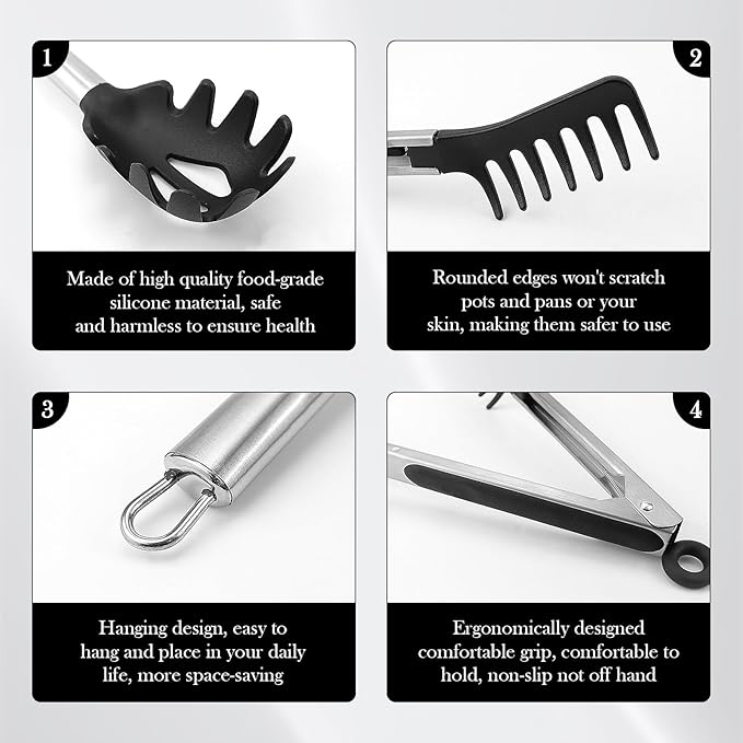 Silicone Spaghetti Spoon & Pasta Tong, Non-Stick Stainless Steel Handle Pasta Fork Set with Teeth, Food Clip for Spaghetti Noodle