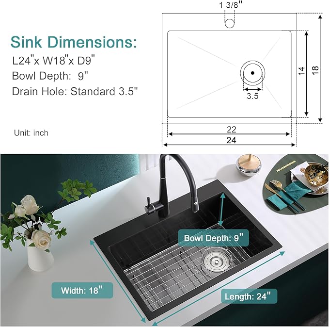 24 inch Drop-in Black Kitchen Sink Single Bowl, Topmount Kitchen Sink with Protective Bottom Grid, Overmount 304 Stainless Steel Kitchen Bar Sink Handmade with Basket Strainer, 24×18×9 inch
