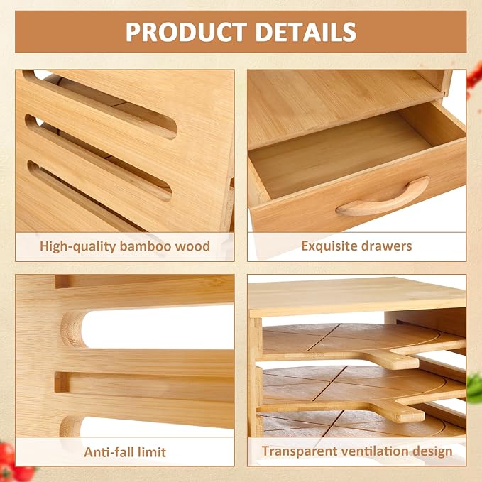 Wood Pizza Peel Rack with Spice Drawer,Includes 4 x 12 Inch Non-Stick Bamboo Pizza Boards with 6 Slice Grooves,Real Wood Pizza Paddle Stand for Making Pizza or Bread Pie