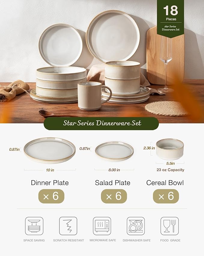 famiware Star Plates and Bowls Sets, Modern Stoneware Dinnerware Sets for 6, 18-Piece Kitchen Dish Set - Chip and Scratch Resistant, Microwave and Dishwasher Safe Tableware, Cappuccino White