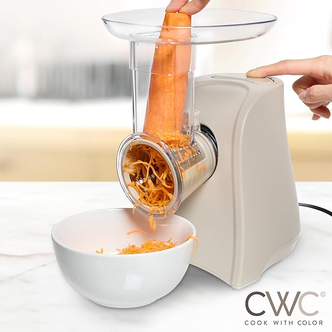 COOK WITH COLOR 5-in-1 Electric Slicer, 150W Food Prep Machine – Cheese Shredder, Fine & Coarse Graters, Potato Grater, Vegetable Slicer, Fruit, Salad Shooter, Compact Design for Bowl Prep, Sand