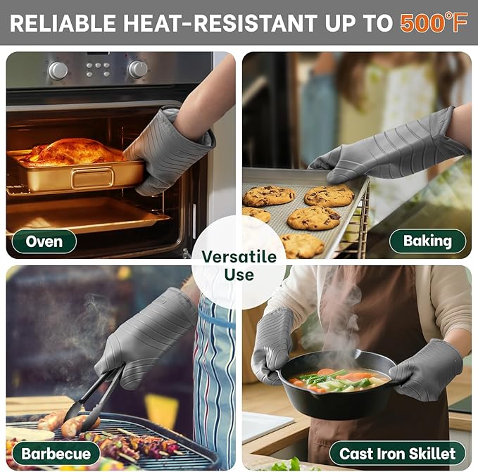 Beneno Premium Silicone Oven Mitts 2-Pack Heat Resistant 500°F, Soft Flexible Non-Slip Grips, BPA-Free & Waterproof Oven Mitts with Comfortable Cotton Lining for Baking, Grilling, Cooking, 7"x13" Gray