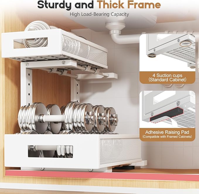 2-Pack Under Sink Storage Organizer, Large 2-Tier Elegant Mesh Pull Out Shelf for Kitchen and Bathroom Cabinet Organization, L-Shaped and Adjustable Height Design for Maximum Space Efficiency-White