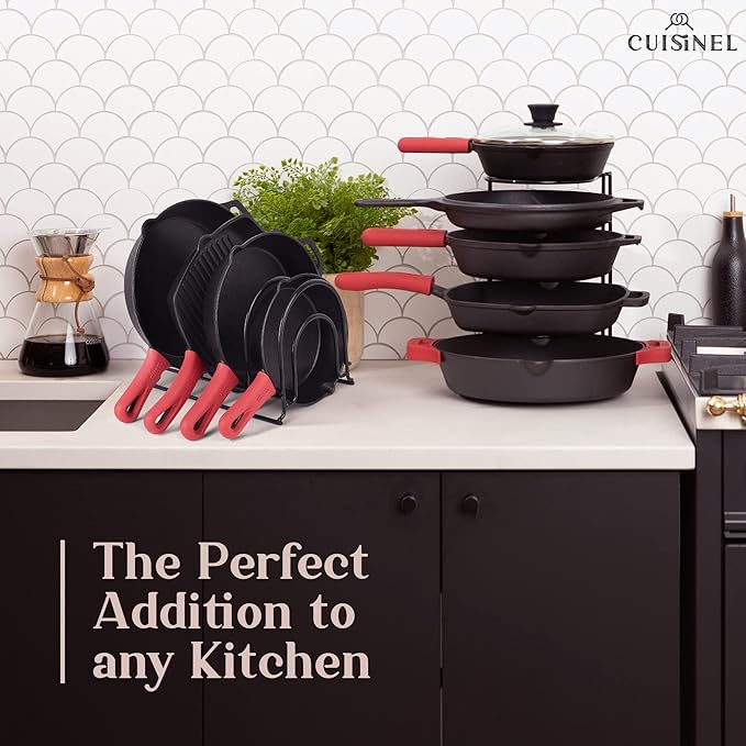 Cuisinel Pots and Pans Organizers - 2-Pack of Silicone-Coated Non-Slip 12" Heavy Duty Skillet Rack - Kitchen Organization Storage - Holds Cookie Sheets, Cutting Boards, Cast Iron Cookware, Dish Stand