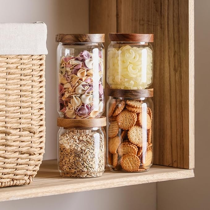Glass Storage Jars Set of 3, 25 OZ HIgh Borosilicate Glass Containers Kitchen Food Canisters with Acacia Wood Lids for Coffee Beans/Sugar/Tea/Nuts