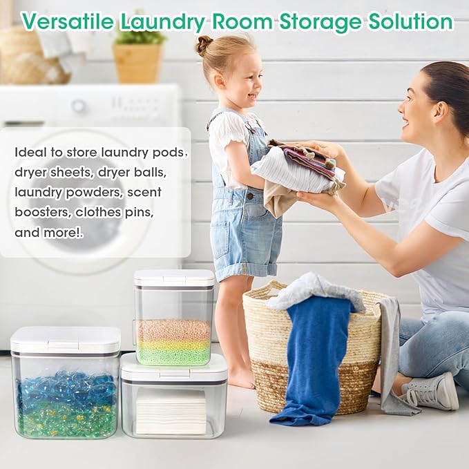 2 Pack Laundry Pods Container with One-Click Pop-up Lid, 95 oz + 68 oz Laundry Room Detergent Storage Container for Laundry Powder, Scent Booster, Dryer Sheet, Dryer Ball, Dishwasher Pod Holder