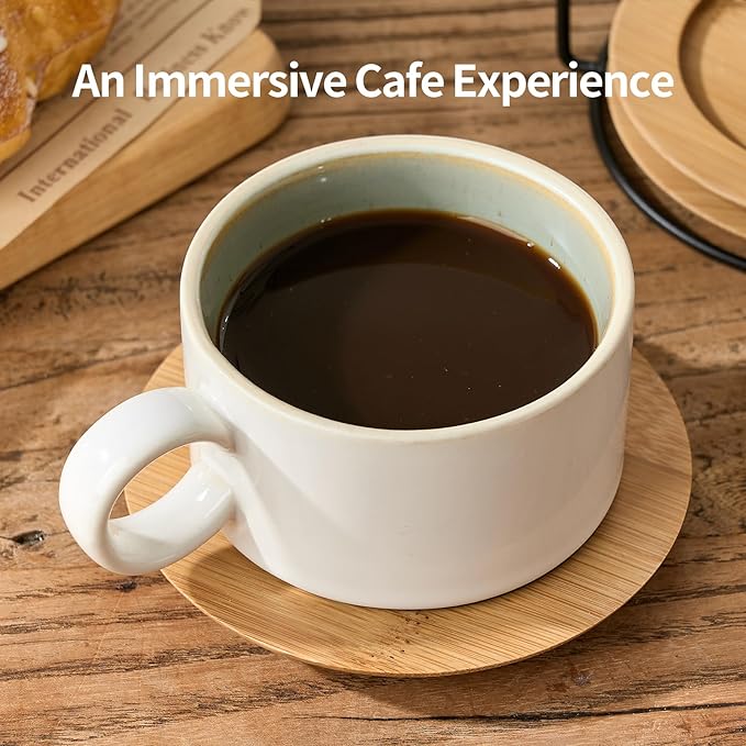 LUKA 6 Ounce Porcelain Stackable Espresso Cups with Saucers and Metal Stand Set of 4, Ceramic Cappuccino Cups Set for Specialty Coffee Drinks, Latte, Cafe Mocha and Tea, White Green Interior