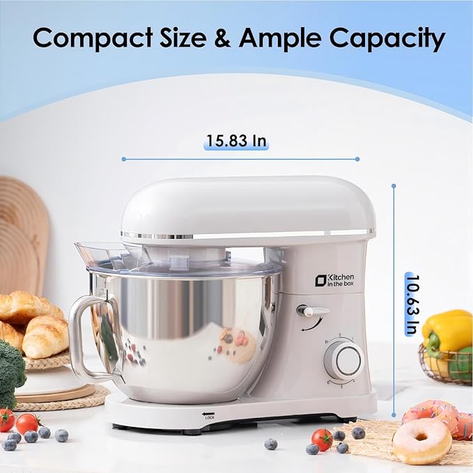 Kitchen in the box Stand Mixer - 8.5 Quart Mixing Bowl, 900 Watt Kitchen Electric Mixer for Heavy Dough, Large Capacity Food Mixer for Home Cooks with Egg Whisk, Dough Hook & Flat Beater (Cream)