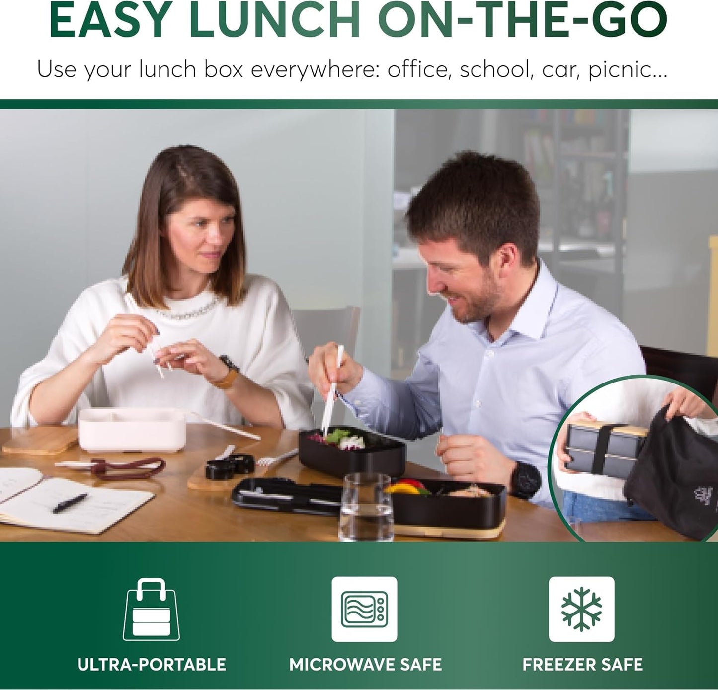 Umami Bento Box Adult All-In-1 w/4 Utensils, 2 Sauce Jars 2 Dividers, Bamboo Lid, 100% Leakproof, Microwave & Dishwasher Safe Stackable Bento Lunch Box Containers for Men/Women, Black Beige, 68 oz