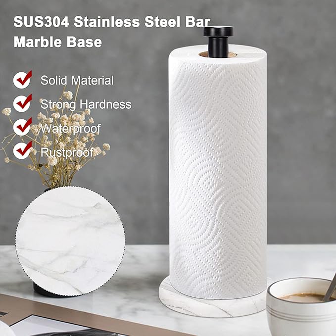 NearMoon Standing Paper Towel Holder, Kitchen Paper Towel Tissue Holder- for Bathroom Countertop, Standard or Jumbo-Sized Roll Paper (with Marble Base, Matte Black)