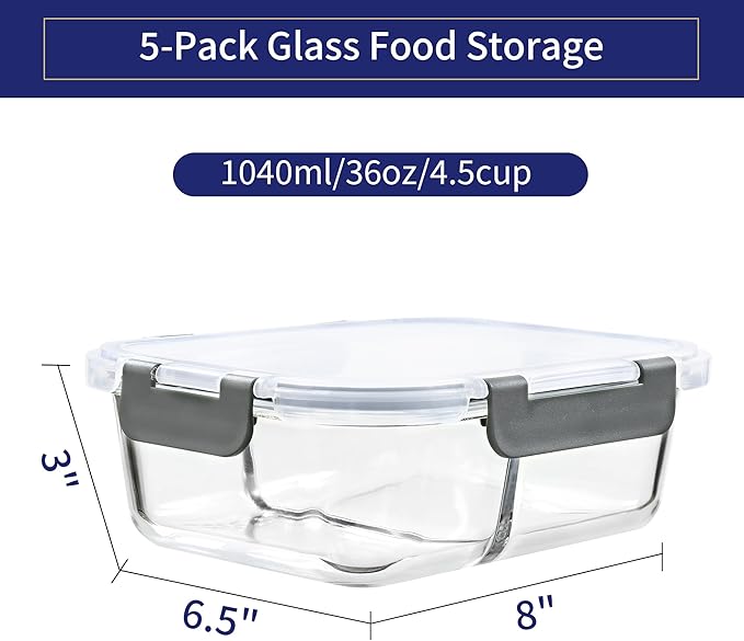 MFY 5-Pack 36 OZ Glass Storage Containers with Lids - 2 Compartment Meal Prep Set, Airtight Glass Lunch Containers, Microwave, Oven, Freezer & Dishwasher Safe, Gray