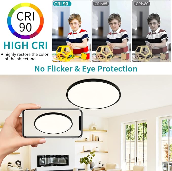 24 Inch Flush Mount Ceiling Light Fixture Dimmable with Remote Control, 56W, 5600 Lumen, Modern, Round, Black, for Kitchen, Dining Room, Bedroom, Living Room, Home Office