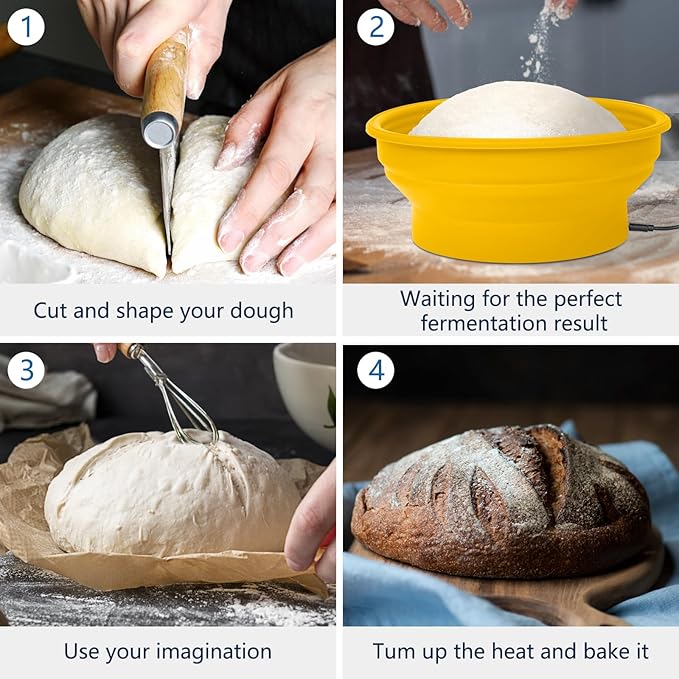 Electric Heating Bread Proofing Basket, Sourdough Starter Warmer - 4 Heat Settings, Foldable 9-Inch Sourdough Starter Kit, Silicone Banneton Basket-Multipurpose for Warming Pet Food, Yellow