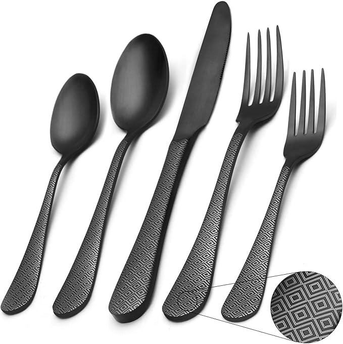 Matte Black Silverware Set, Satin Finish 20-Piece Stainless Steel Flatware Set,Kitchen Utensil Set Service for 4,Tableware Cutlery Set for Home and Restaurant, Dishwasher Safe
