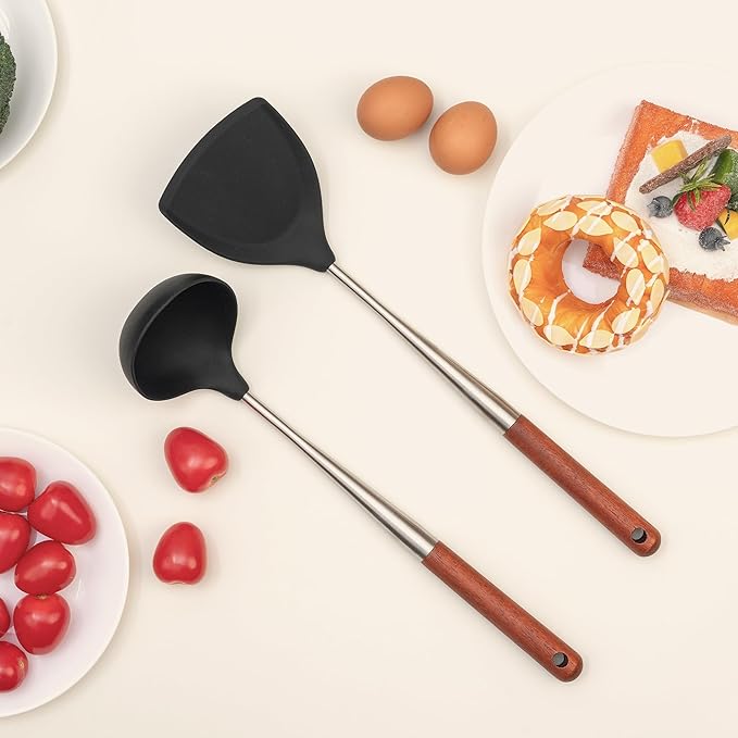 FJNATINH Silicone Spatula and Ladle Set - Stainless Steel Non Stick Heat-Resistant Kitchen Utensils BPA Free Cooking Utensils Cookware Wooden Handle, Pack of 2