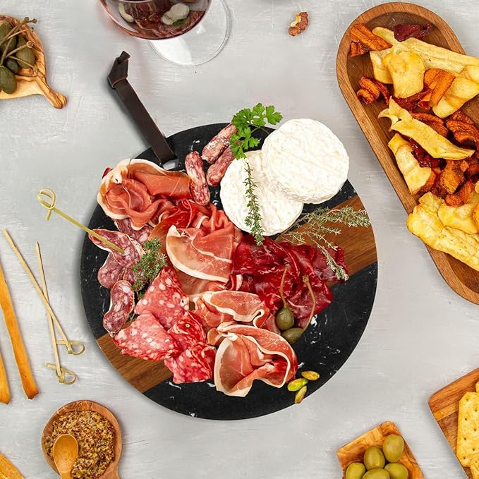 HomeWetBar Personalized Charcuterie Board | Custom 12" Round Black Marble & Acacia Wood Cheese Board | Perfect Housewarming + Wedding + Couples Gift Idea