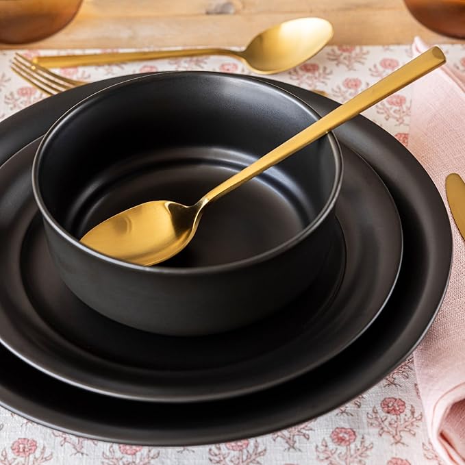 over&back Rim Dinnerware Set - Stoneware Dishes - Comes with 4 Dinner Plates, Salad Plates, Cereal Bowls, and Dinner Bowls - 16-Piece All-Occasion Place Settings - Serves Four - Semi-Matte Black