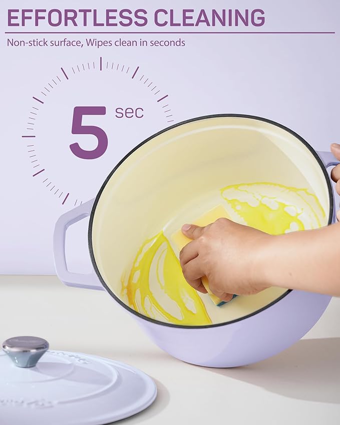 Enameled Cast Iron Dutch Oven – 6 Quart Pot with Lid & Potholders – Heavy-Duty Cookware for Bread Baking, Braising, Stews & Roasting – Oven & Stovetop Safe up to 500°F – Purple