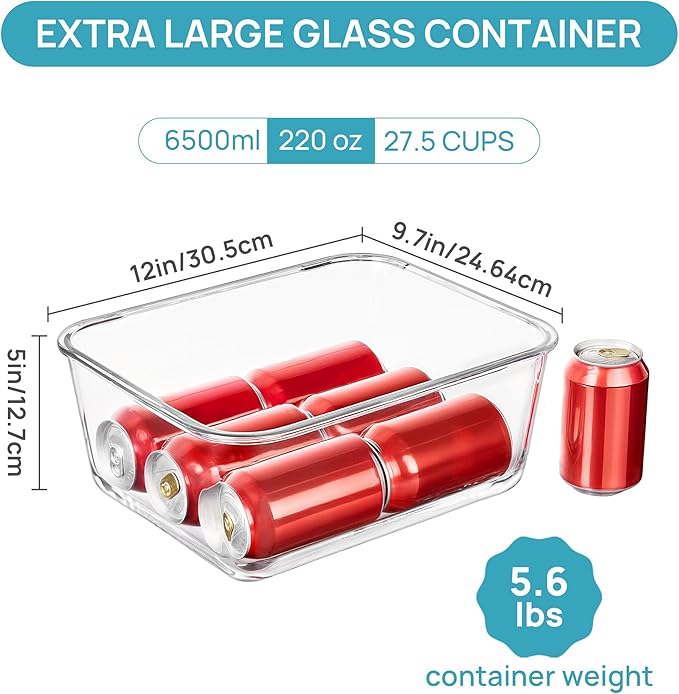 Vtopmart 6.5L/ 220oz/ 27.5cup Extra Large Glass Food Storage Containers with Snap Airtight Lids for Roasting Turkey, Chicken, Baking Casserole, Fruits, Party, BPA Free, Oven Safe, Freezer, Dishwasher