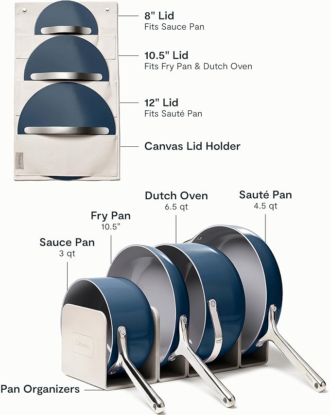 Caraway Nonstick Ceramic Cookware Set (12 Piece) Pots, Pans, Lids and Kitchen Storage - Non Toxic - Oven Safe & Compatible with All Stovetops - Navy