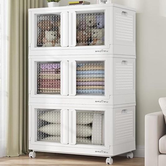 BROVIEW 300Qt Stackable Storage Bins with Lids, 75Gal Closet Organizers and Storage Drawer, Plastic Collapsible Storage Bins with Doors, Heavy Duty Store Box Cabinet for Home Kitchen, 3Pack White