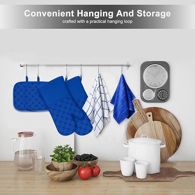 Oven Mitts Kitchen Towels Dishcloths with Pot Holders Sets, Dish Towels Sets, Oven Gloves Pot Pads Heat Resistant 500 Degrees with Non-Slip Silicone Surface for Cooking Baking Grilling-Royal Blue