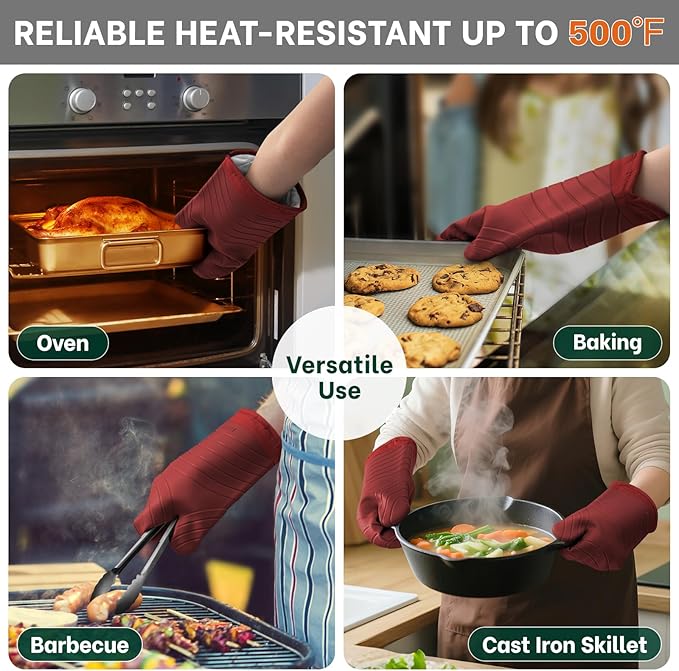 Beneno Premium Silicone Oven Mitts 2-Pack Heat Resistant 500°F, Soft Flexible Non-Slip Grips, BPA-Free & Waterproof Oven Mitts with Comfortable Cotton Lining for Baking, Grilling, Cooking, 7"x13", Red