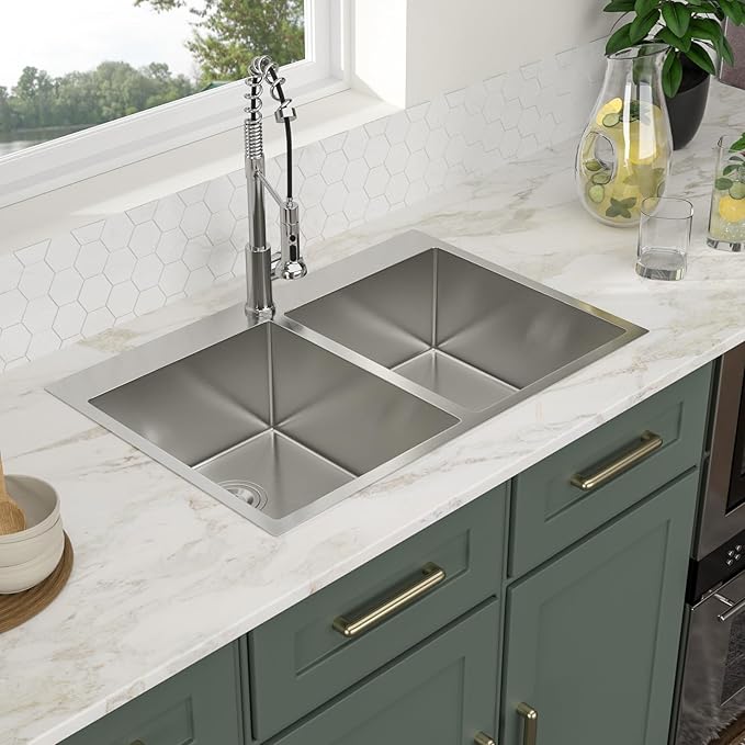 Logmey 33x22 Stainless Steel 50/50 Double Bowl Drop In Kitchen Sink - 16 Gauge Topmount, 33x22x9 Inches