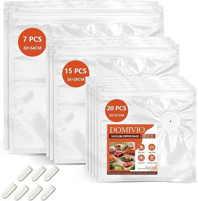 Reusable Vacuum Sealer Bags (42 Bags + 7 Clips), BPA-Free Vacuum Zipper Bags in 3 Sizes (8.7"x8.3", 10.2"x11", 11.8"x13.4") for Food Storage, Freezer & Sous Vide, Compatible with Food Saver