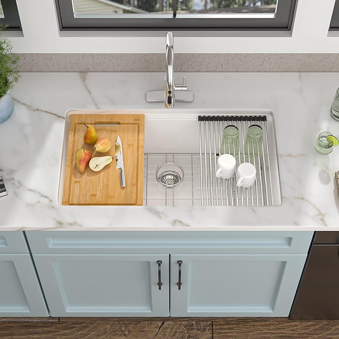 32 Granite Composite Kitchen Sink - Fulorni 32"x19" Granite Kitchen Sink Undermount Ledge Workstation White Quartz Classic Under Counter Single Bowl Basin