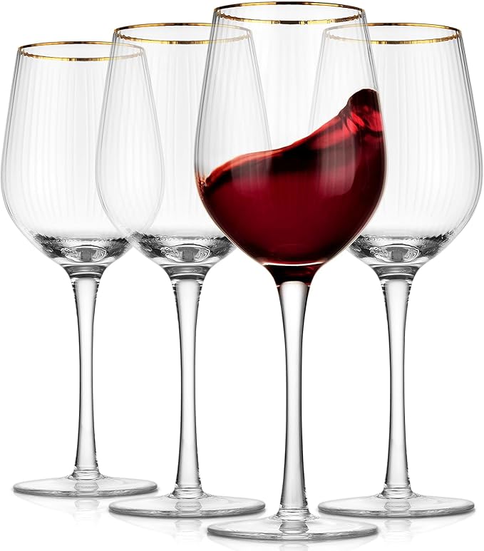Premium Cheerfull Wine Glasses, 14.2 oz Hand-Blown Glasses with Gold Rim, Fluted Design, Elegant Gift Packaging, Perfect for Special Occasions (4)