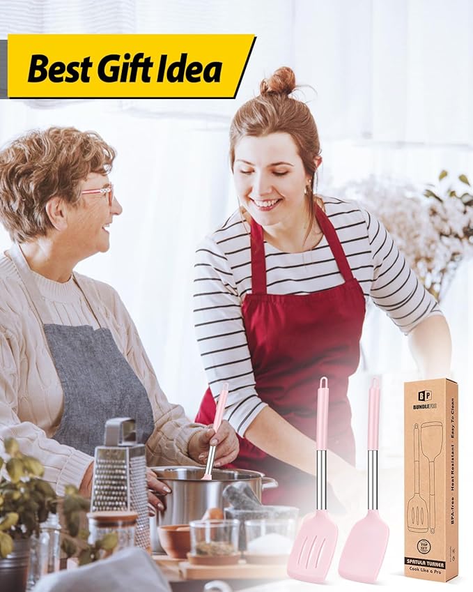 Pack of 2 Silicone Solid Turner, Non Stick Slotted Kitchen Spatulas, High Heat Resistant BPA Free Cooking Utensils, Ideal Cookware for Fish, Eggs, Pancakes(Pink)