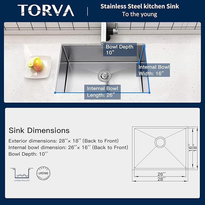 TORVA 28-Inch Undermount Kitchen Sink, Premium 304 Stainless Steel Bar Sink - 10 Inches Deep Basin Single Bowl Sink