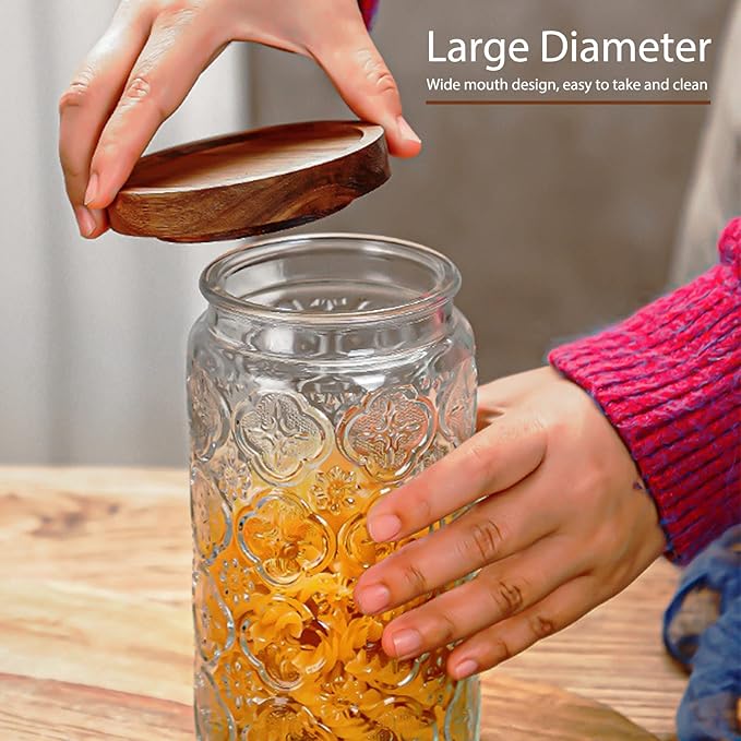 35oz/1000ml Glass Storage Jars with Nature Wood Lids, Airtight Food Storage Containers for Kitchen Organization, Large Capacity for Cookie, Pasta, Sugar, Flour, Cereal - Set of 2
