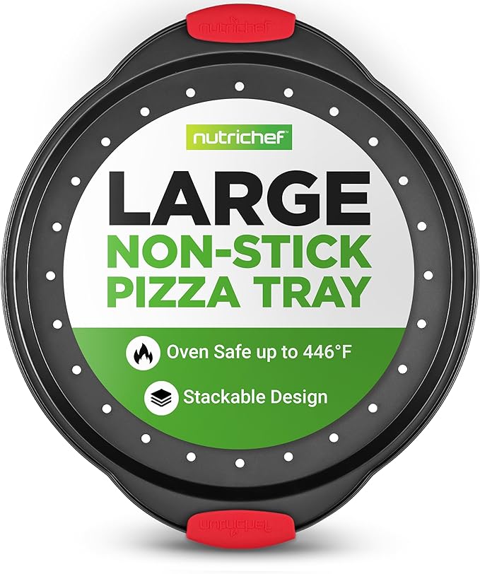 NutriChef 13-Inch Nonstick Pizza Tray - Round Carbon Steel Non-Stick Pizza Pan with Perforated Holes, Premium Bakeware Pizza Screen with Silicone Grip Handles, Dishwasher Safe - NCBPIZ1