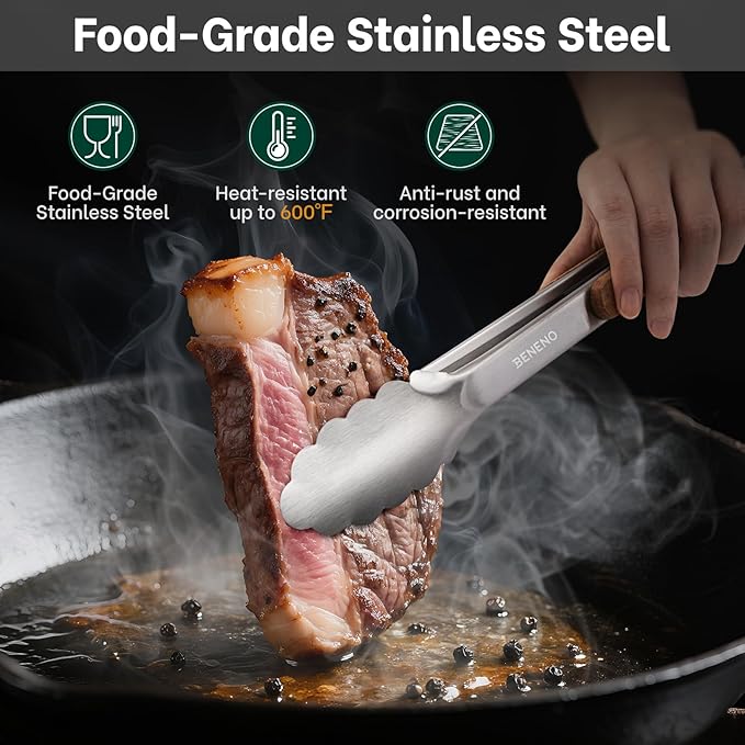 Beneno 12-Inch Stainless Steel Kitchen Tongs for Cooking with Heat-Insulating Wooden Grip Handle, Heavy Duty Heat-Resistant Metal Locking Tongs with Strong Scalloped Tips for Cooking, BBQ, Grab Food