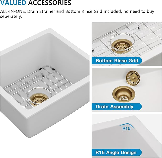 18"x16" Undermount Bar Prep Sink – White Granite Composite Quartz Classic Under Counter Single Bowl Sink Basin for Wet Bar, RV, Small Kitchen, Mobile Home